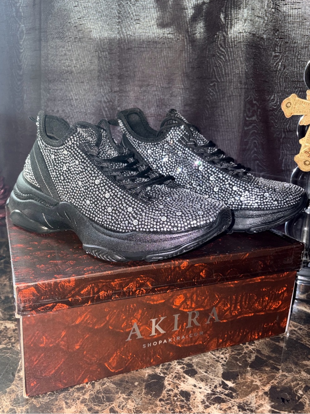 AKIRA Black Crystal-Embellished Platform Sneakers